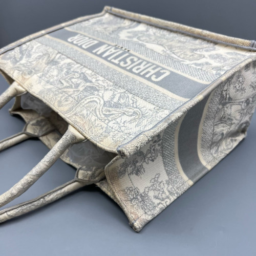 Dior Embroidered Medium Book Tote Canvas Grey White