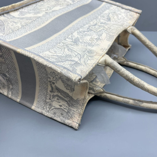 Dior Embroidered Medium Book Tote Canvas Grey White
