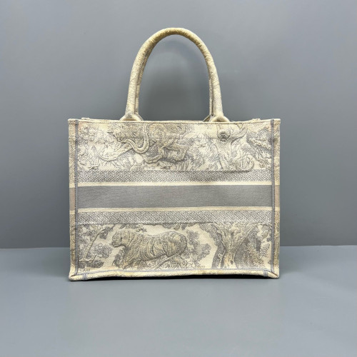 Dior Embroidered Medium Book Tote Canvas Grey White