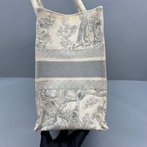 Dior Embroidered Medium Book Tote Canvas Grey White
