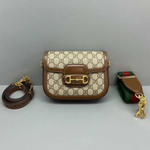 Gucci Small Horsebit 1955 Calfskin Canvas GG Supreme Monogram Tan Brown Beige