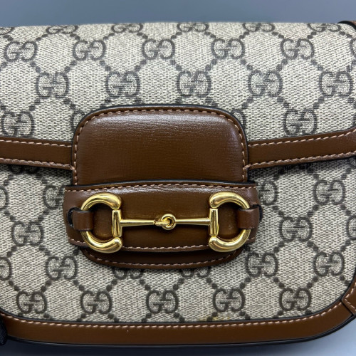Gucci Small Horsebit 1955 Calfskin Canvas GG Supreme Monogram Tan Brown Beige