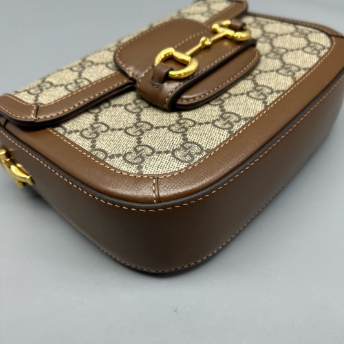 Gucci Small Horsebit 1955 Calfskin Canvas GG Supreme Monogram Tan Brown Beige