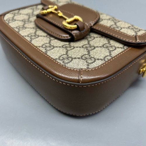 Gucci Small Horsebit 1955 Calfskin Canvas GG Supreme Monogram Tan Brown Beige