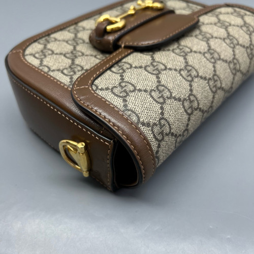 Gucci Small Horsebit 1955 Calfskin Canvas GG Supreme Monogram Tan Brown Beige