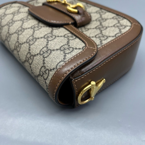 Gucci Small Horsebit 1955 Calfskin Canvas GG Supreme Monogram Tan Brown Beige