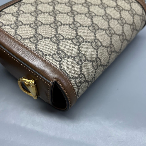 Gucci Small Horsebit 1955 Calfskin Canvas GG Supreme Monogram Tan Brown Beige