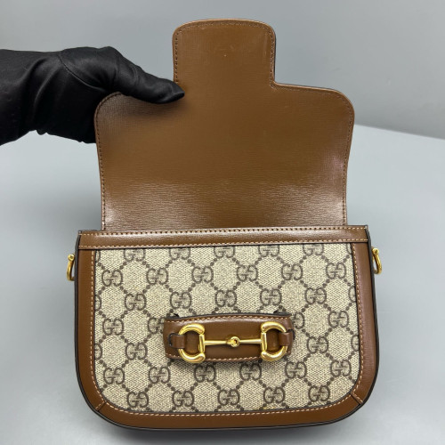 Gucci Small Horsebit 1955 Calfskin Canvas GG Supreme Monogram Tan Brown Beige
