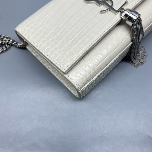 Yves Saint Laurent Small Kate Crossbody Bag Calfskin Crocodile Embossed White