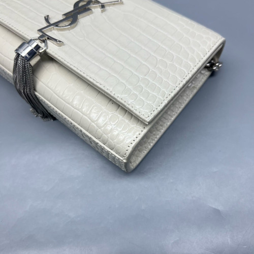 Yves Saint Laurent Small Kate Crossbody Bag Calfskin Crocodile Embossed White