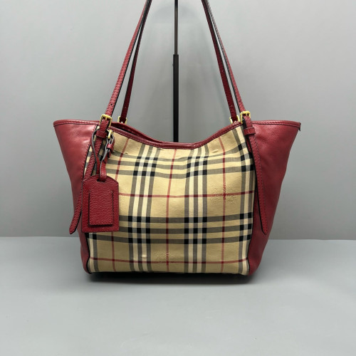 Burberry Small Canterbury Tote Calfskin Haymarket Check Beige Red Black