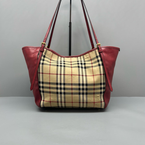 Burberry Small Canterbury Tote Calfskin Haymarket Check Beige Red Black