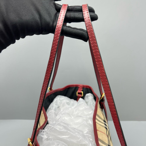 Burberry Small Canterbury Tote Calfskin Haymarket Check Beige Red Black