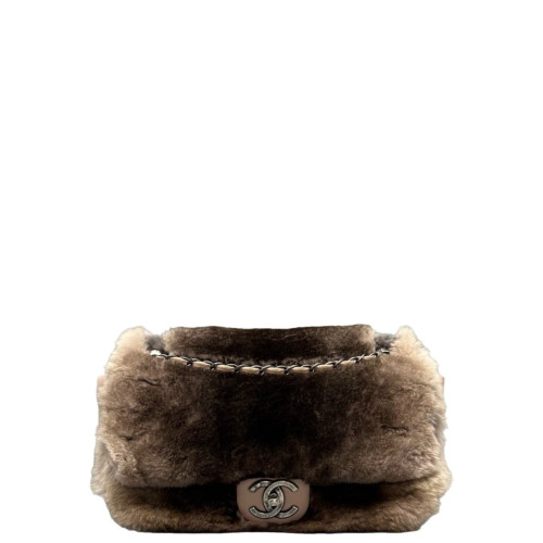 Chanel Medium Double Flap Rabbit Fur Brown Beige