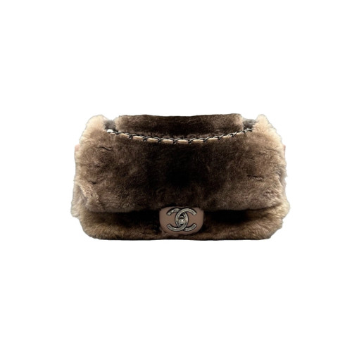 Chanel Medium Double Flap Rabbit Fur Brown Beige