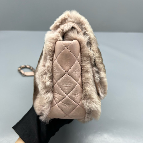 Chanel Medium Double Flap Rabbit Fur Brown Beige