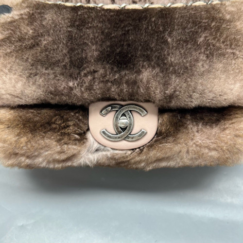 Chanel Medium Double Flap Rabbit Fur Brown Beige