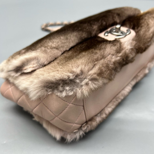 Chanel Medium Double Flap Rabbit Fur Brown Beige