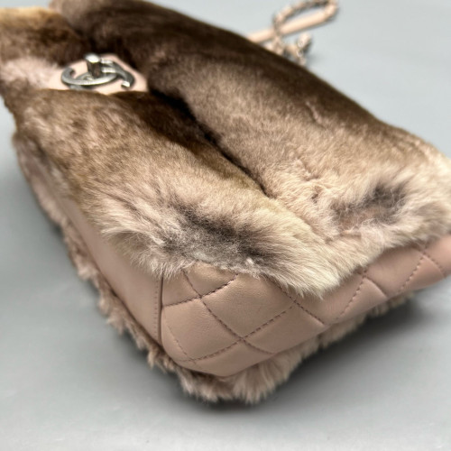 Chanel Medium Double Flap Rabbit Fur Brown Beige