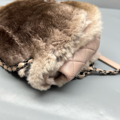 Chanel Medium Double Flap Rabbit Fur Brown Beige