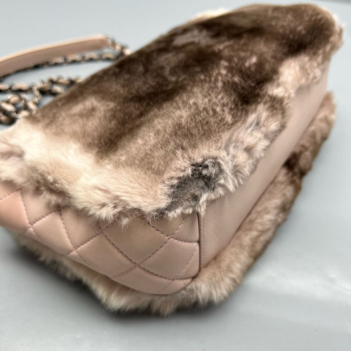Chanel Medium Double Flap Rabbit Fur Brown Beige