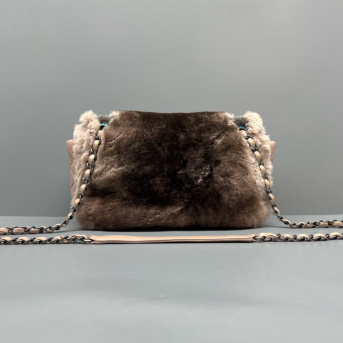 Chanel Medium Double Flap Rabbit Fur Brown Beige