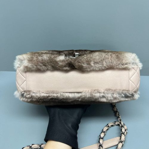 Chanel Medium Double Flap Rabbit Fur Brown Beige