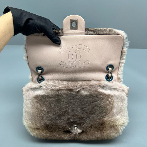Chanel Medium Double Flap Rabbit Fur Brown Beige