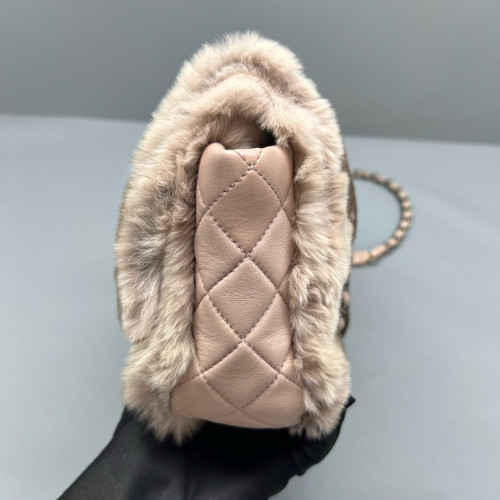 Chanel Medium Double Flap Rabbit Fur Brown Beige