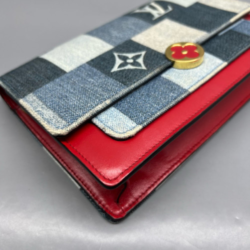 Louis Vuitton Flore Chain Wallet Denim Blue White Red