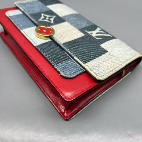 Louis Vuitton Flore Chain Wallet Denim Blue White Red