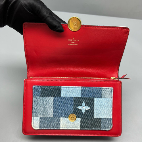 Louis Vuitton Flore Chain Wallet Denim Blue White Red