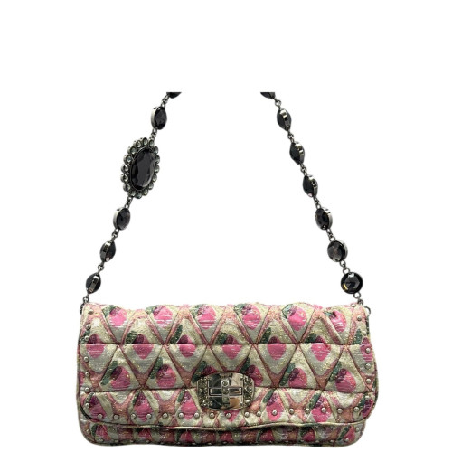 Miu Miu Matelasse Crystal Flap Clutch Fabric Gold Pink Miu Miu Matelasse Crystal Flap Clutch Fabric Gold Pink