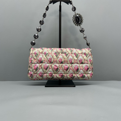 Miu Miu Matelasse Crystal Flap Clutch Fabric Gold Pink Miu Miu Matelasse Crystal Flap Clutch Fabric Gold Pink