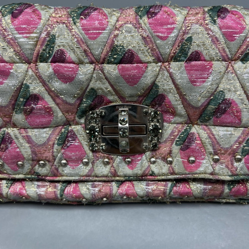 Miu Miu Matelasse Crystal Flap Clutch Fabric Gold Pink Miu Miu Matelasse Crystal Flap Clutch Fabric Gold Pink