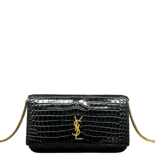 Yves Saint Laurent Wallet On Chain WOC Calfskin Crocodile Embossed Black