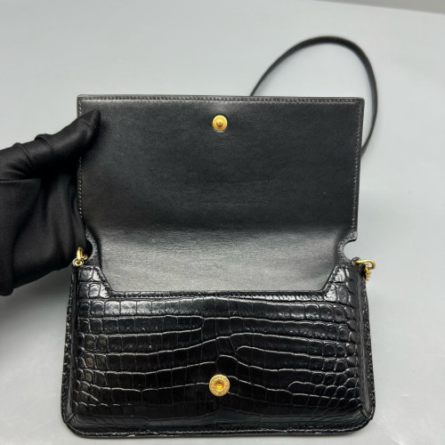 Yves Saint Laurent Wallet On Chain WOC Calfskin Crocodile Embossed Black