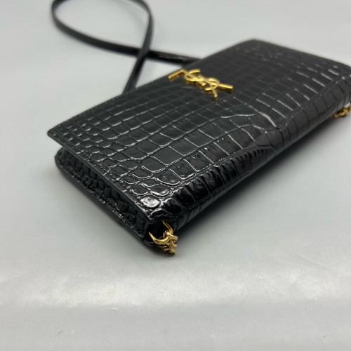 Yves Saint Laurent Wallet On Chain WOC Calfskin Crocodile Embossed Black