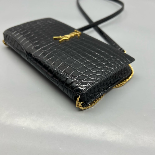 Yves Saint Laurent Wallet On Chain WOC Calfskin Crocodile Embossed Black