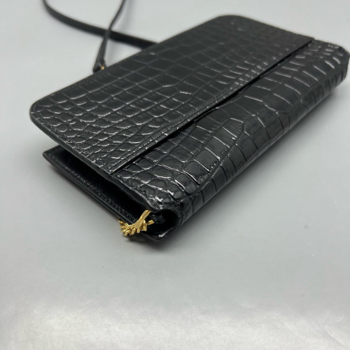 Yves Saint Laurent Wallet On Chain WOC Calfskin Crocodile Embossed Black