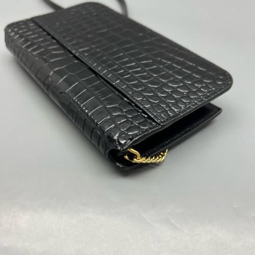 Yves Saint Laurent Wallet On Chain WOC Calfskin Crocodile Embossed Black