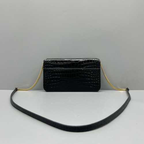 Yves Saint Laurent Wallet On Chain WOC Calfskin Crocodile Embossed Black