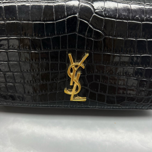 Yves Saint Laurent Wallet On Chain WOC Calfskin Crocodile Embossed Black