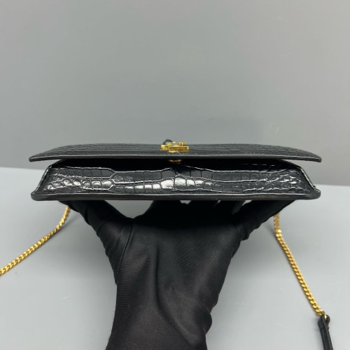 Yves Saint Laurent Wallet On Chain WOC Calfskin Crocodile Embossed Black