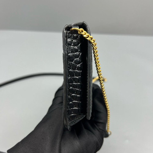 Yves Saint Laurent Wallet On Chain WOC Calfskin Crocodile Embossed Black