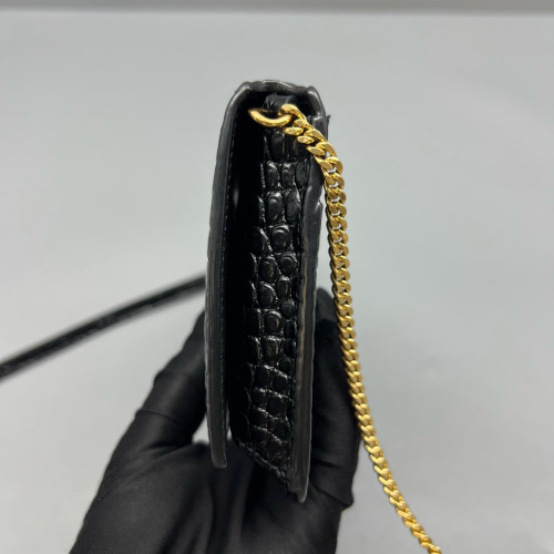 Yves Saint Laurent Wallet On Chain WOC Calfskin Crocodile Embossed Black