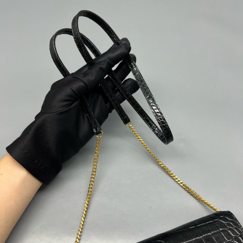 Yves Saint Laurent Wallet On Chain WOC Calfskin Crocodile Embossed Black