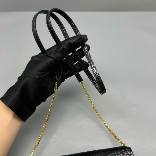 Yves Saint Laurent Wallet On Chain WOC Calfskin Crocodile Embossed Black