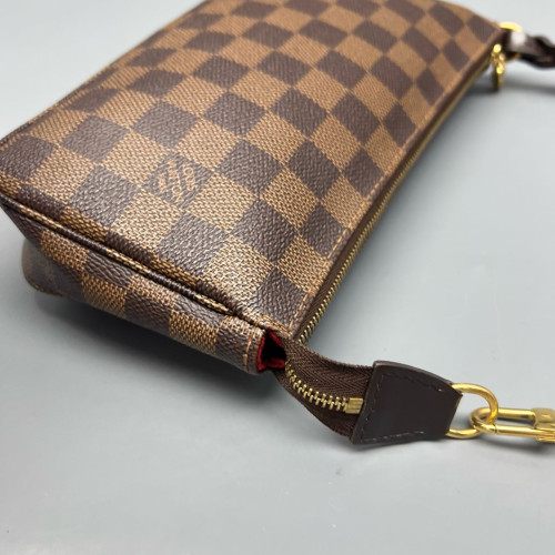 Louis Vuitton Pochette Accessories Damier Ebene Dark Brown Light Brown Red
