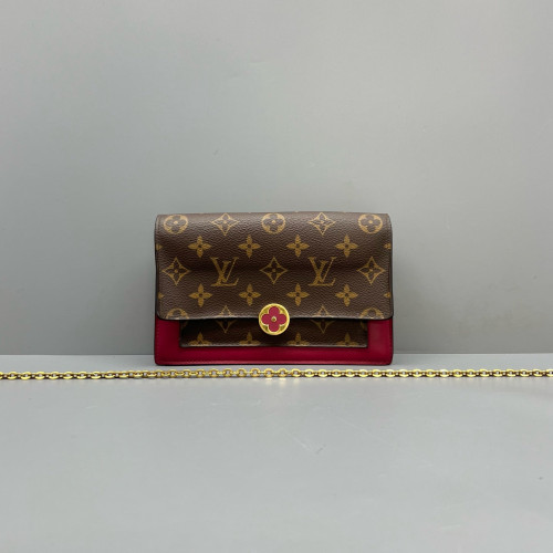Louis Vuitton Flore Chain Wallet Monogram Calfskin Dark Brown Light Brown Red